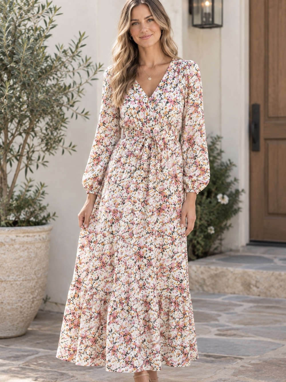 NWT Miss Sparkling Floral V-Neck Long Sleeve Maxi Dress Pink Floral COQUETTEGIRL